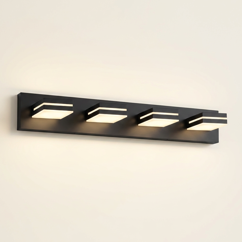 Modern LED vanity light bar in matte black on a warm cream background
