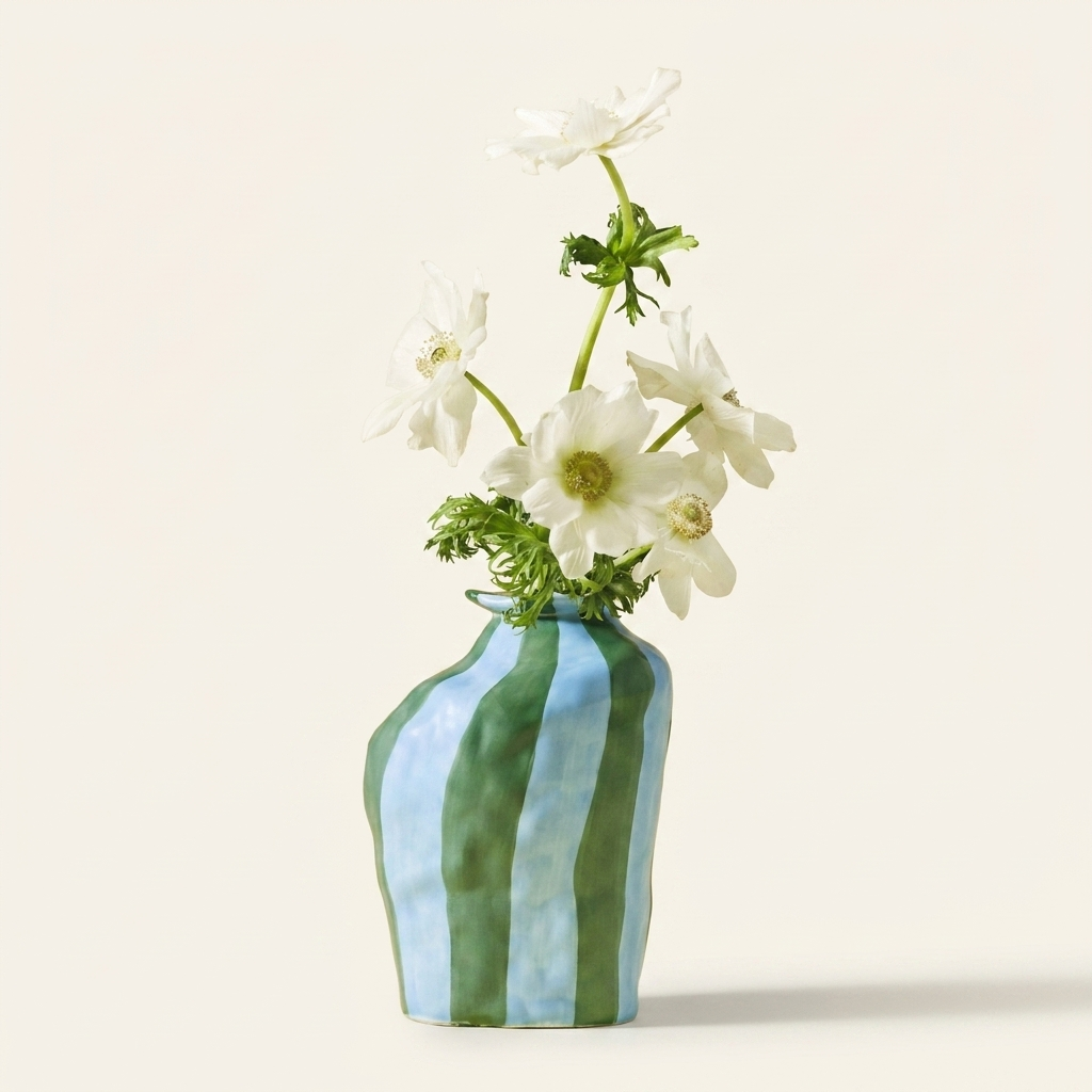 Striped ceramic flower vase in glossy blue and green on a warm cream background