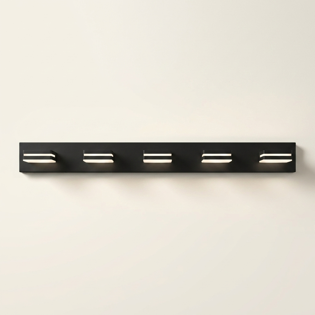 Modern LED vanity light bar, five geometric heads, matte black, on a warm cream background
