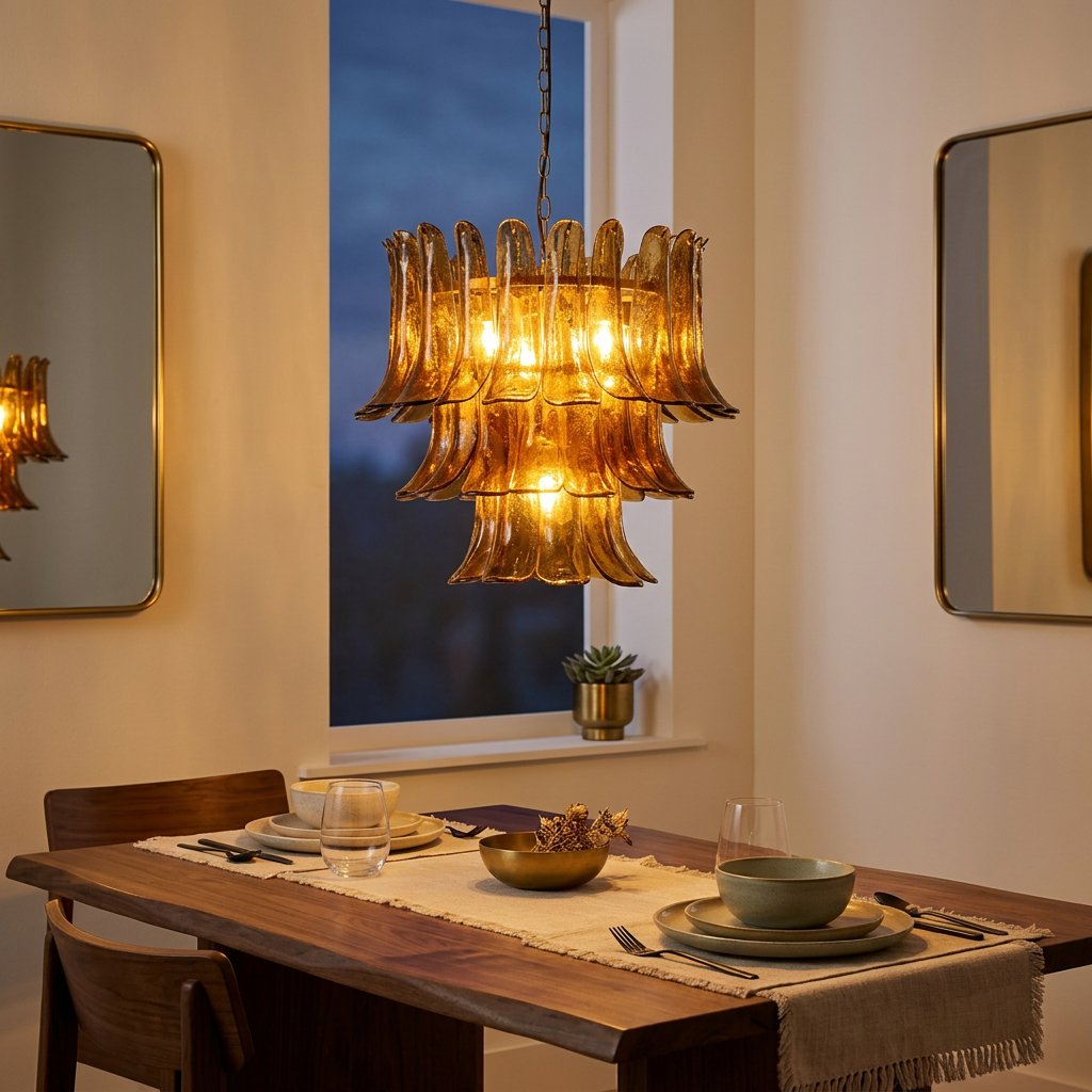 Three-Tier Iron & Glass Chandelier, Electroplated Finish styled in a warm modern interior