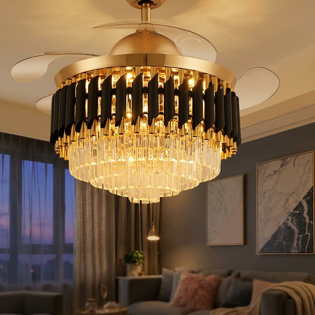 Crystal LED Ceiling Fan Light with Remote, 42 or 48 in styled in a warm modern interior