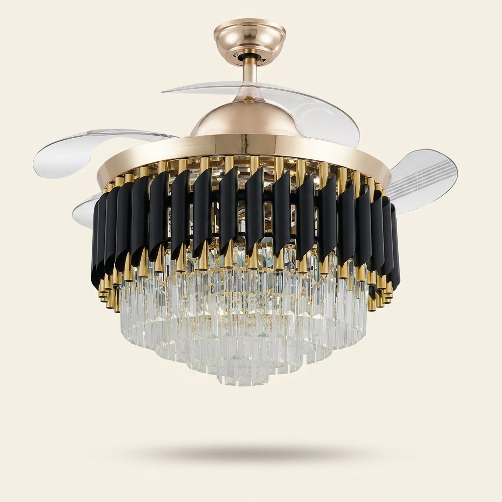 Crystal LED Ceiling Fan Light with Remote, 42 or 48 in on a warm cream background