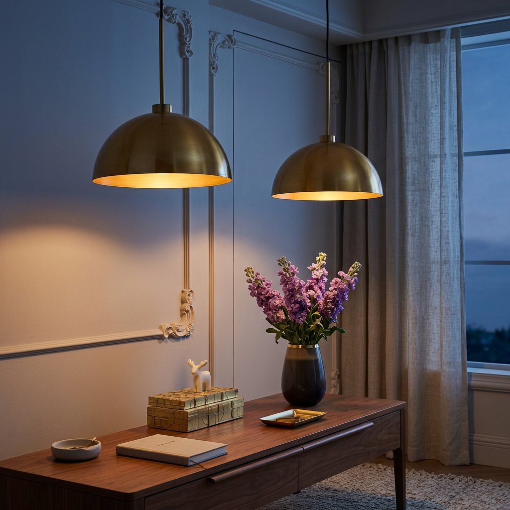 Industrial 2-Light Copper-Finish Iron Pendant, Adjustable, 41 in. styled in a warm modern interior