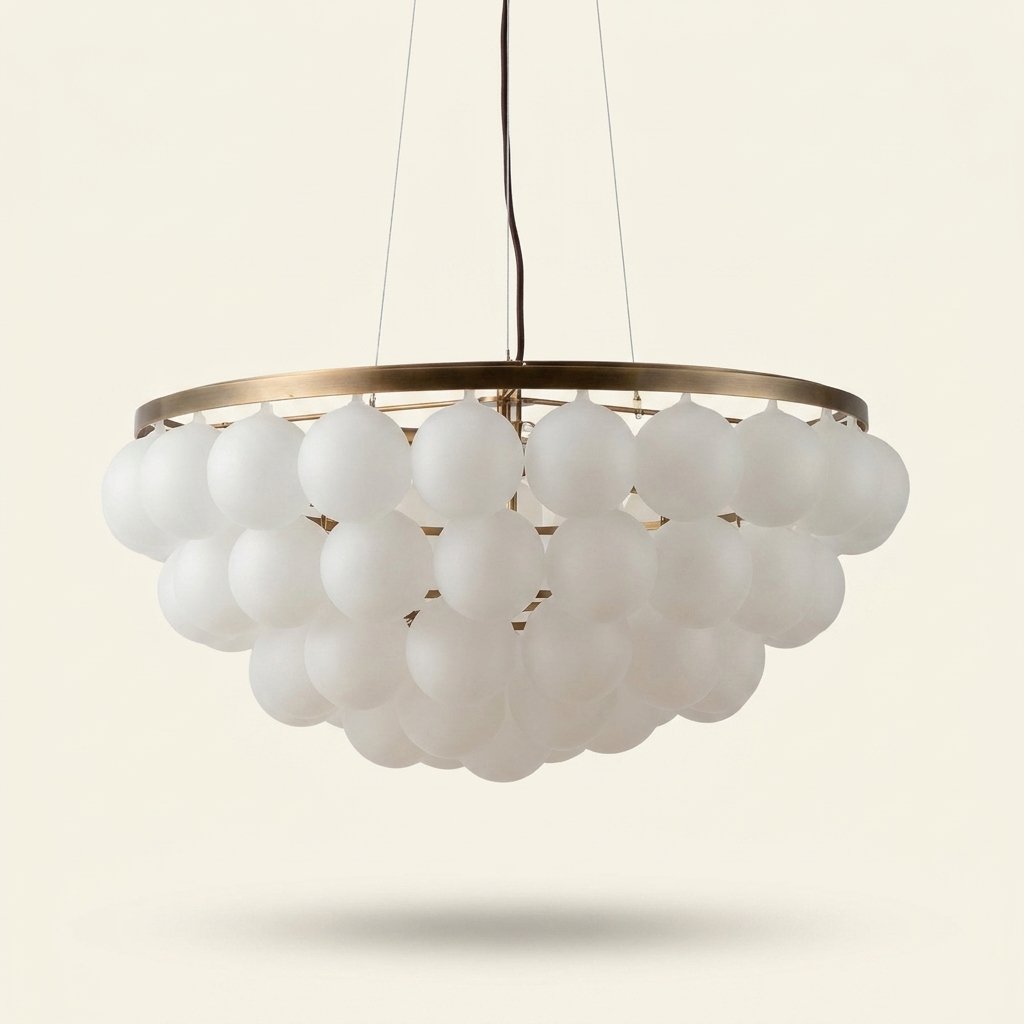 Postmodern Glass-Shade Chandelier with Metal Base, Two Sizes on a warm cream background
