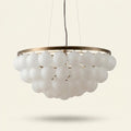 Postmodern Glass-Shade Chandelier with Metal Base, Two Sizes on a warm cream background