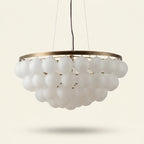 Postmodern Glass-Shade Chandelier with Metal Base, Two Sizes on a warm cream background