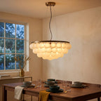 Postmodern Glass-Shade Chandelier with Metal Base, Two Sizes styled in a warm modern interior