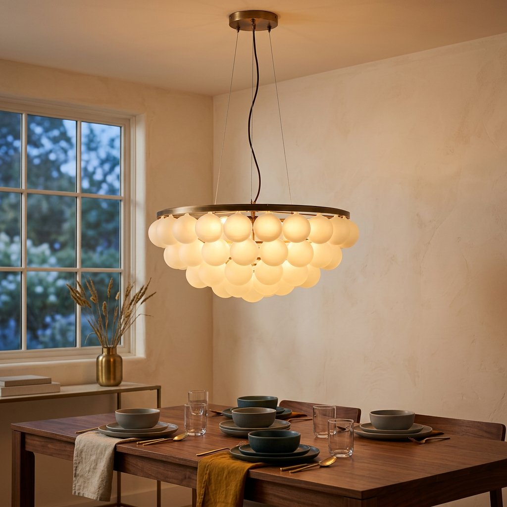 Postmodern Glass-Shade Chandelier with Metal Base, Two Sizes styled in a warm modern interior