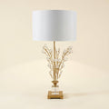 Gold Crystal Branch Table Lamp, White Drum Shade, 30 Inch on a warm cream background