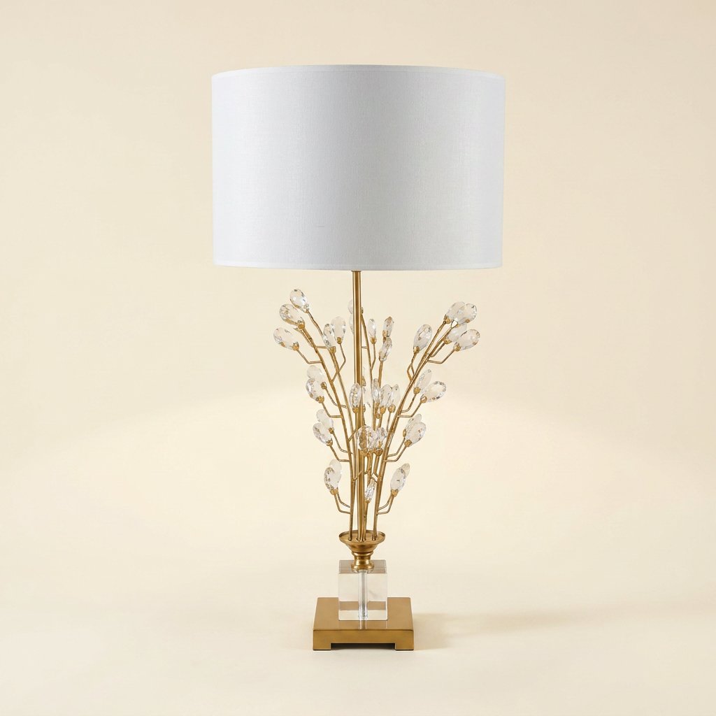 Gold Crystal Branch Table Lamp, White Drum Shade, 30 Inch on a warm cream background