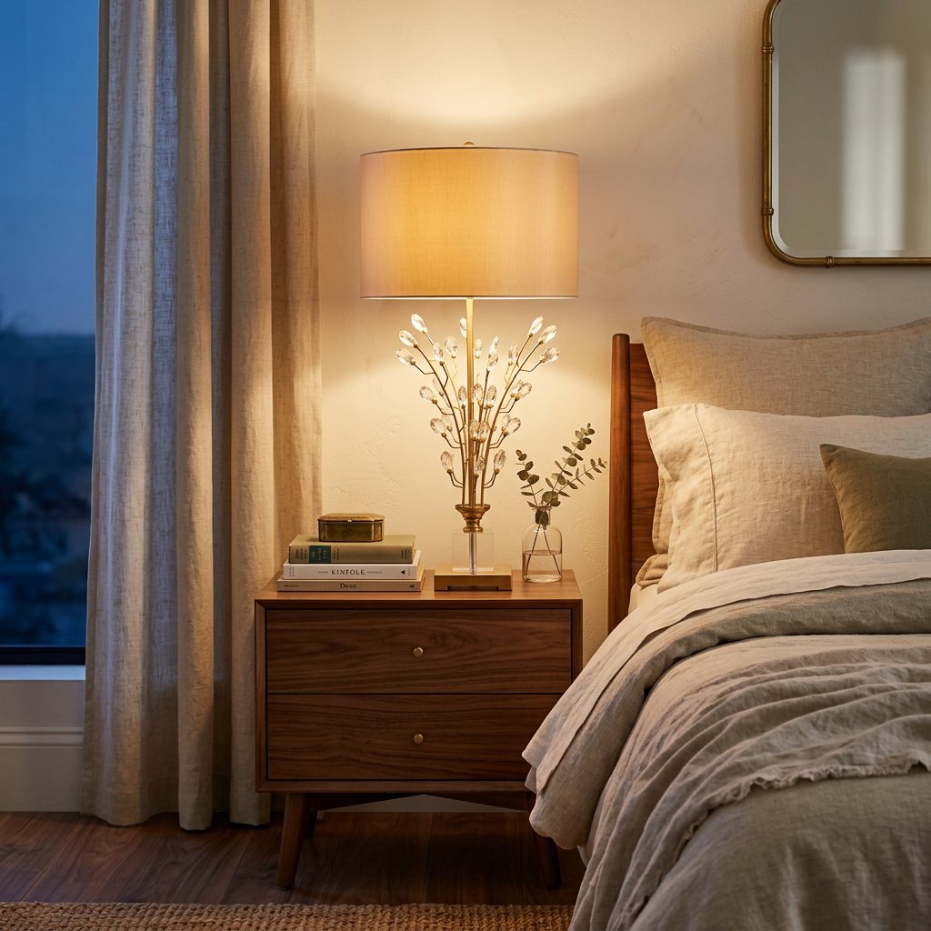 Gold Crystal Branch Table Lamp, White Drum Shade, 30 Inch styled in a warm modern interior