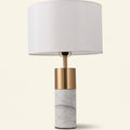 White Marble and Brass Table Lamp, White Drum Shade, 22 Inch on a warm cream background