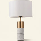 White Marble and Brass Table Lamp, White Drum Shade, 22 Inch on a warm cream background