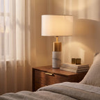 White Marble and Brass Table Lamp, White Drum Shade, 22 Inch styled in a warm modern interior