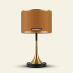 Gold Touch-Dimming Table Lamp, Coffee Fabric Shade, 18 Inch on a warm cream background