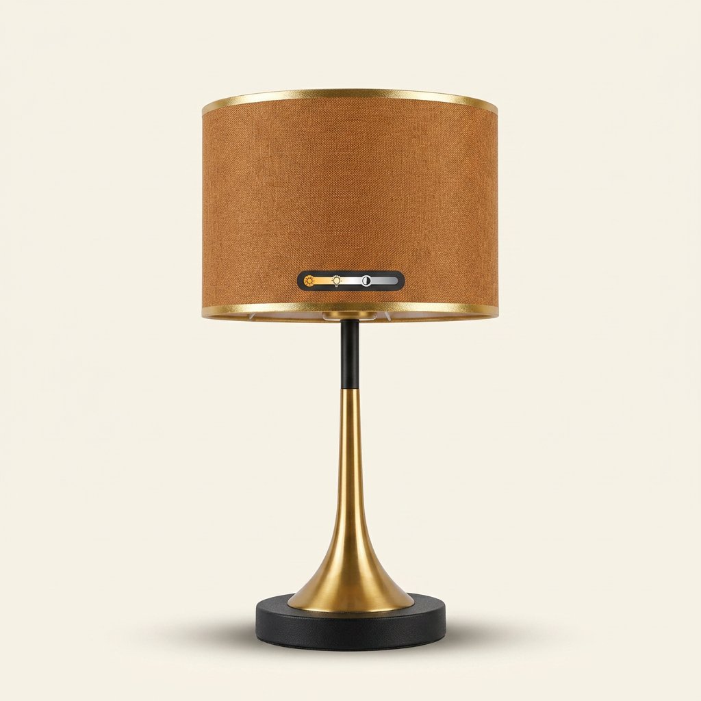 Gold Touch-Dimming Table Lamp, Coffee Fabric Shade, 18 Inch on a warm cream background