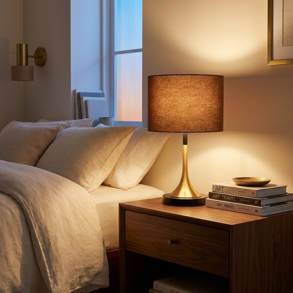 Gold Touch-Dimming Table Lamp, Coffee Fabric Shade, 18 Inch styled in a warm modern interior