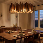 Minimalist Wood Chandelier, Light or Dark Finish, 16–47 in. styled in a warm modern interior