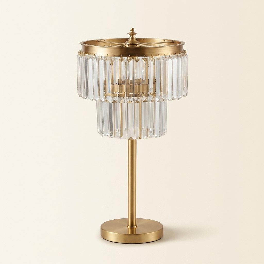 Copper Crystal Table Lamp, Tiered Prism Shade, 23 Inch on a warm cream background