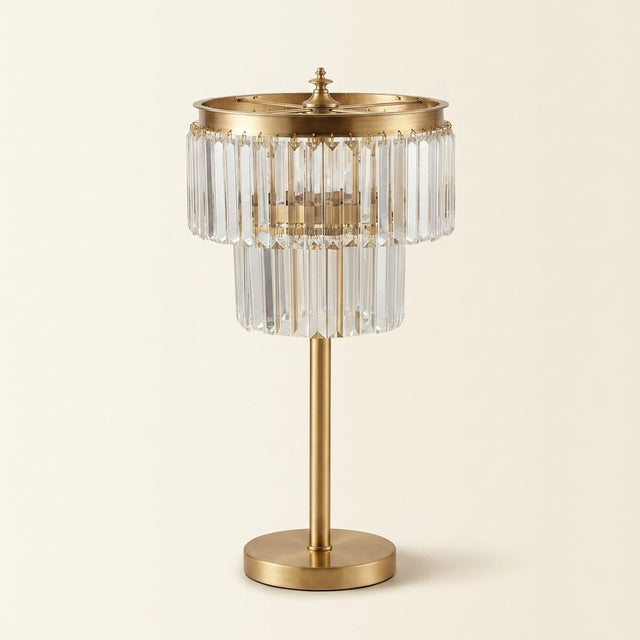 Copper Crystal Table Lamp, Tiered Prism Shade, 23 Inch on a warm cream background