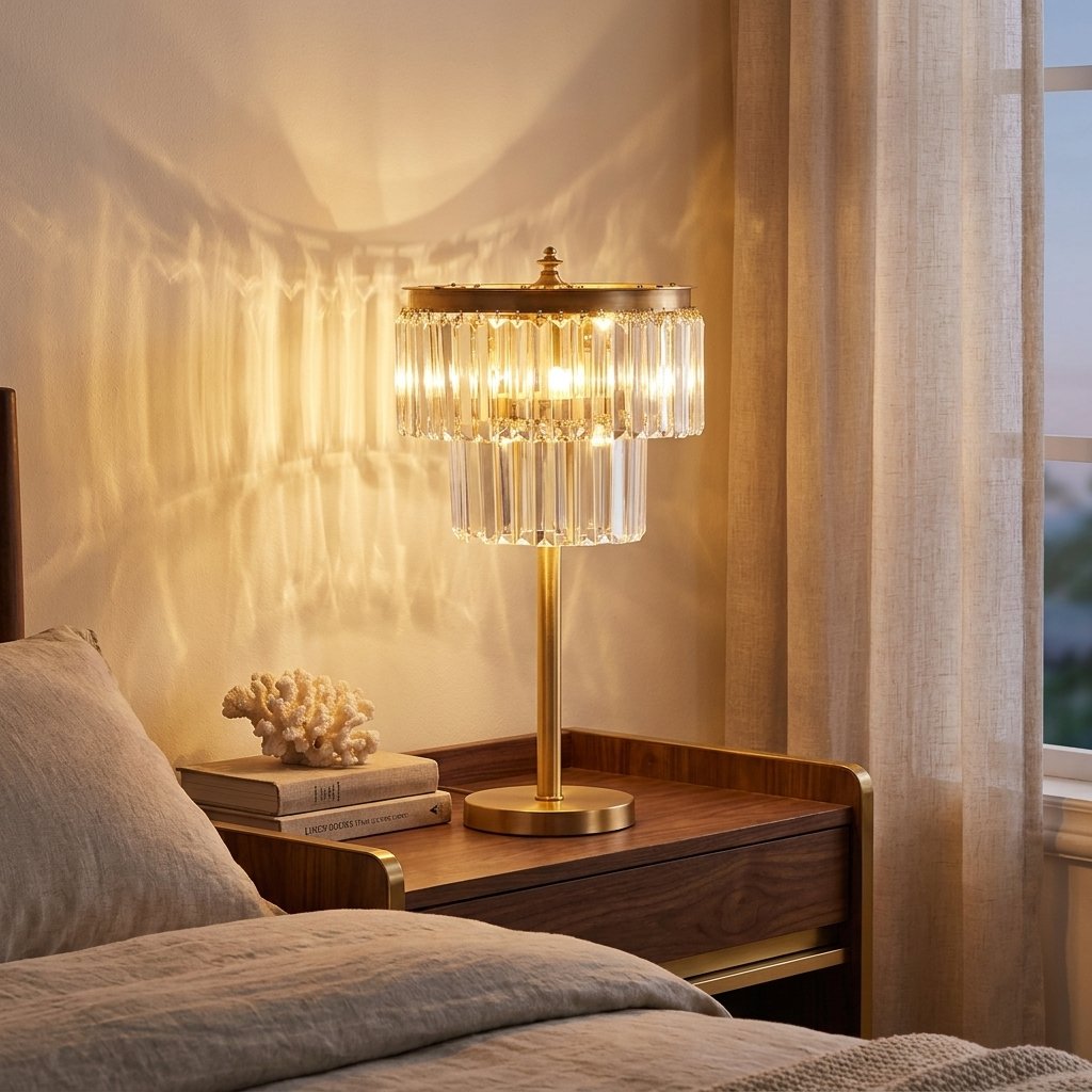 Copper Crystal Table Lamp, Tiered Prism Shade, 23 Inch styled in a warm modern interior