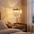 Copper Crystal Table Lamp, Tiered Prism Shade, 23 Inch styled in a warm modern interior