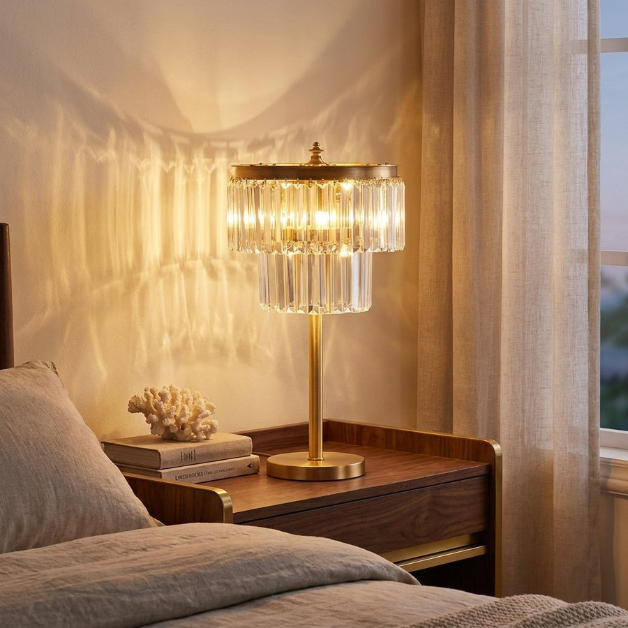 Copper Crystal Table Lamp, Tiered Prism Shade, 23 Inch styled in a warm modern interior