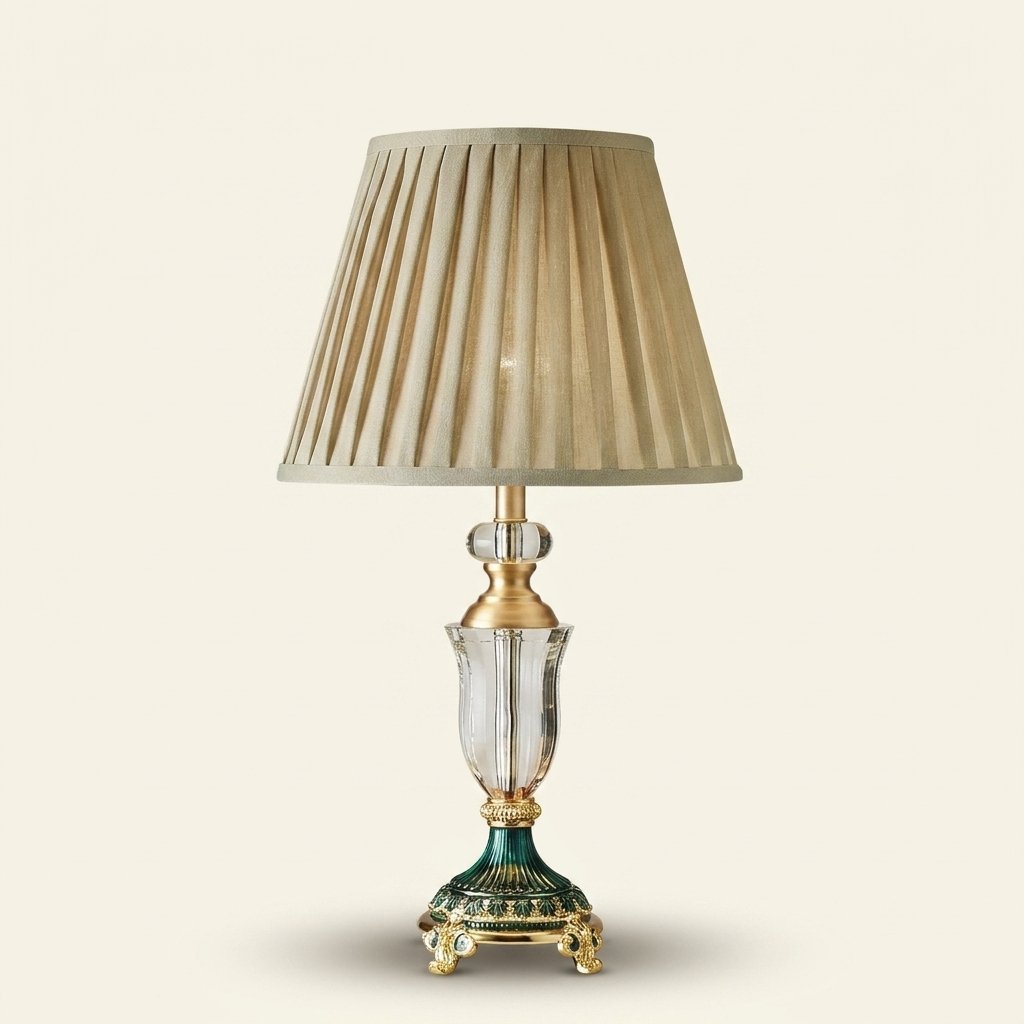 French Crystal Table Lamp, Pleated Shade, Enamel Brass Base on a warm cream background