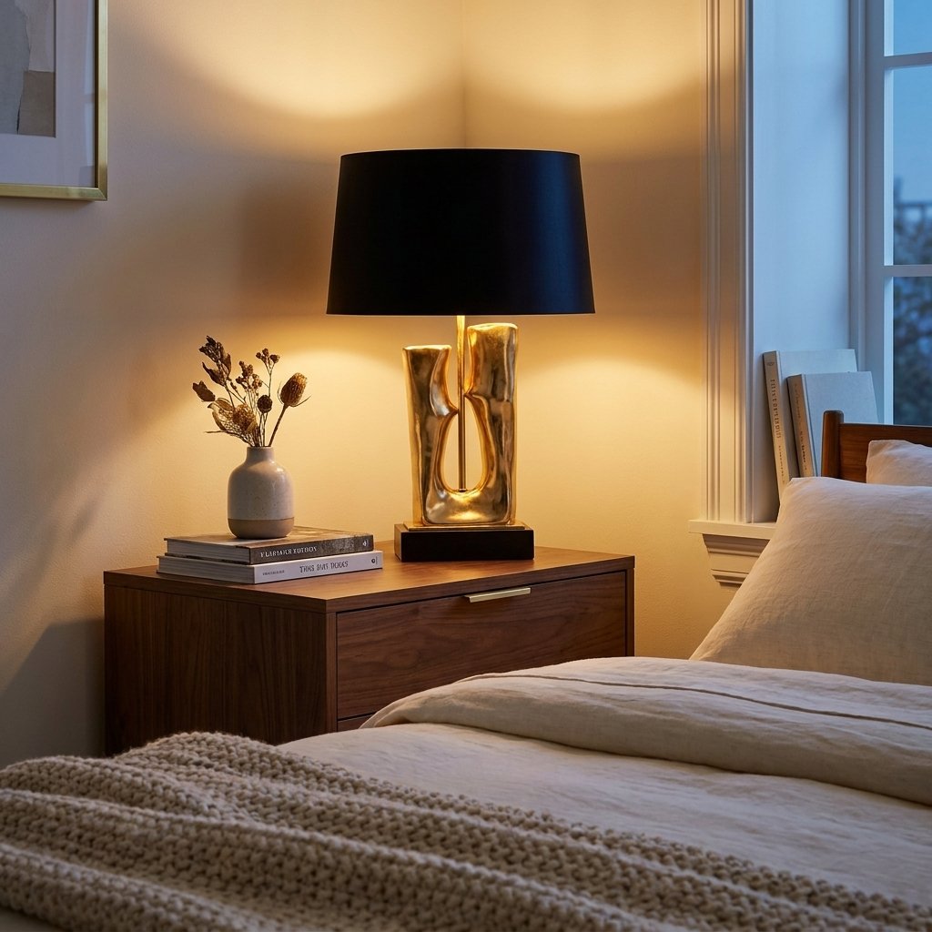 Sculptural Gold Resin Table Lamp, Black Drum Shade, 27 Inch styled in a warm modern interior