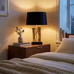 Sculptural Gold Resin Table Lamp, Black Drum Shade, 27 Inch styled in a warm modern interior