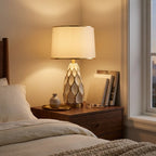 Honeycomb Ceramic Table Lamp, Cream with Gold Trim Shade styled in a warm modern interior