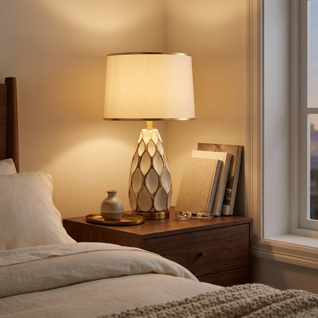Honeycomb Ceramic Table Lamp, Cream with Gold Trim Shade styled in a warm modern interior
