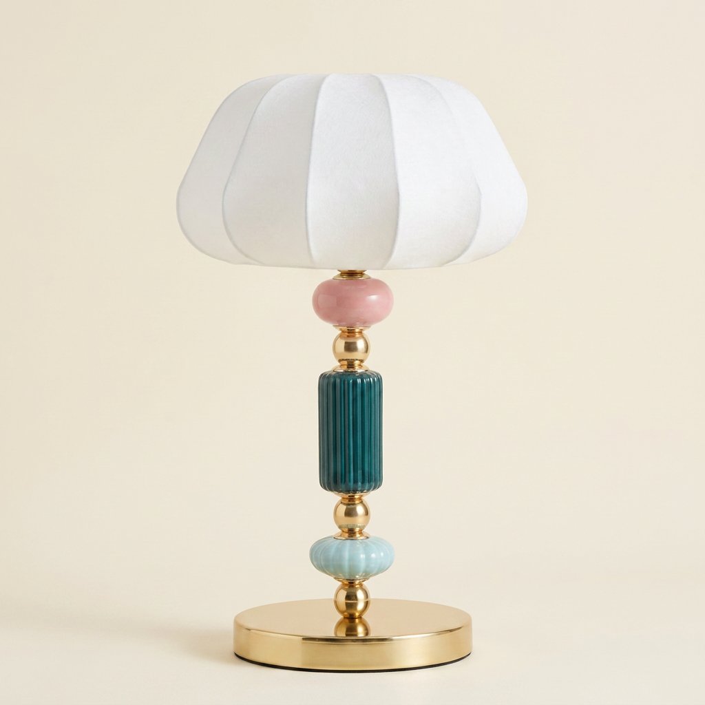 Danish Pastel Ceramic Table Lamp, Ribbed Fabric Shade on a warm cream background