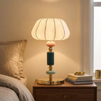 Danish Pastel Ceramic Table Lamp, Ribbed Fabric Shade styled in a warm modern interior