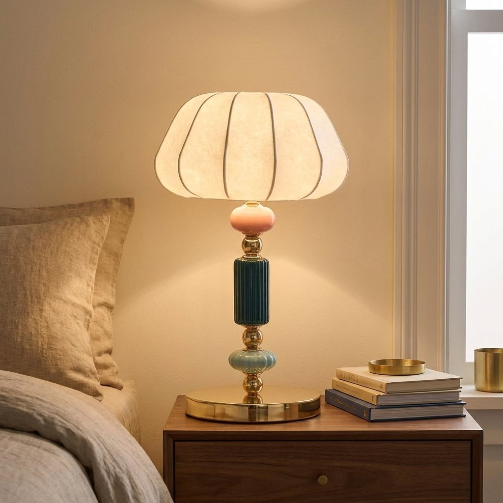 Danish Pastel Ceramic Table Lamp, Ribbed Fabric Shade styled in a warm modern interior
