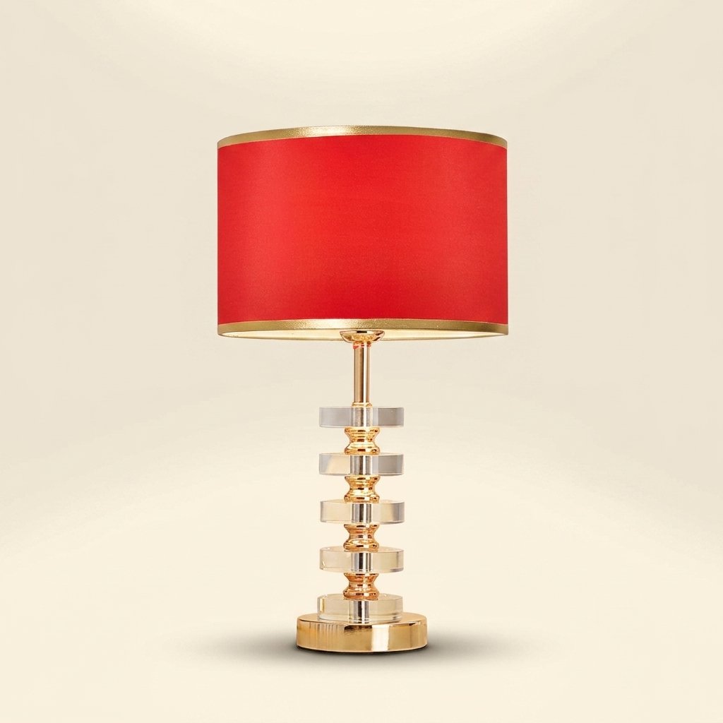 Stacked Crystal Table Lamp, Drum Shade with Gold Trim, 17 Inch on a warm cream background