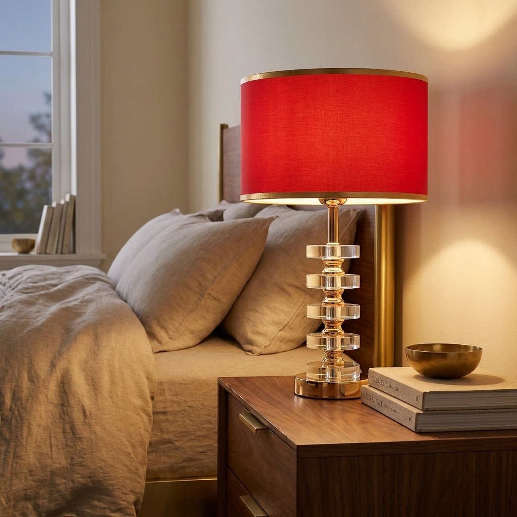 Stacked Crystal Table Lamp, Drum Shade with Gold Trim, 17 Inch styled in a warm modern interior