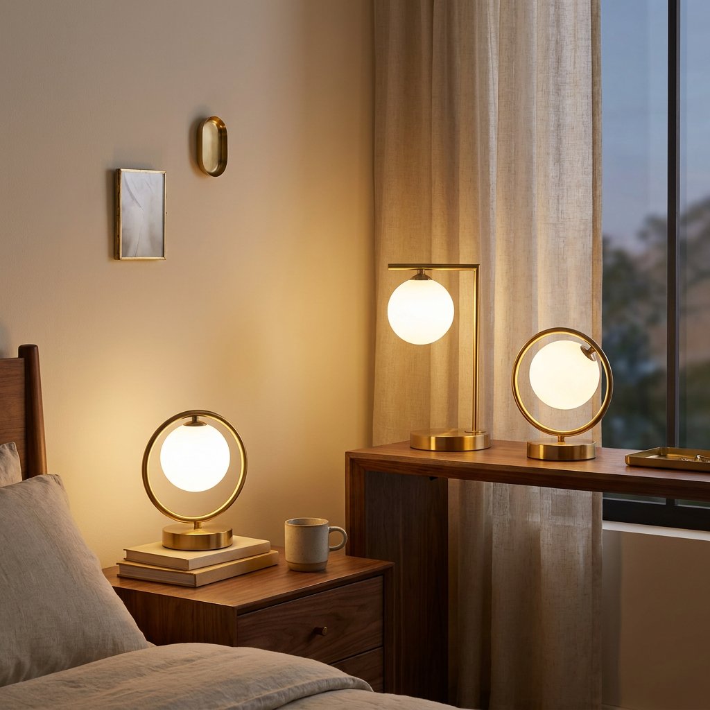 Brass Ring Table Lamp with Opal Glass Globe, Touch Switch styled in a warm modern interior