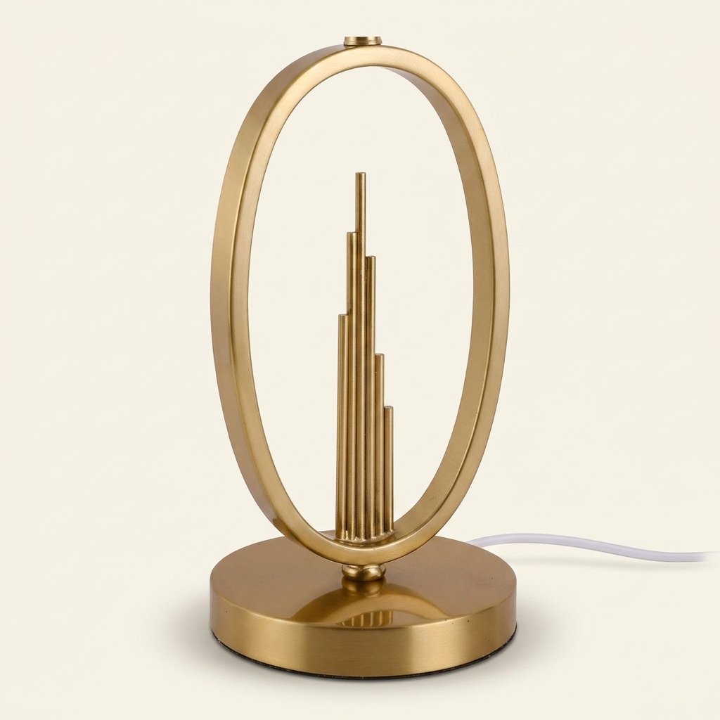 Art Deco Brass Hoop Table Lamp, White Shade with Gold Edge on a warm cream background
