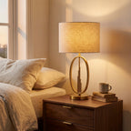 Art Deco Brass Hoop Table Lamp, White Shade with Gold Edge styled in a warm modern interior