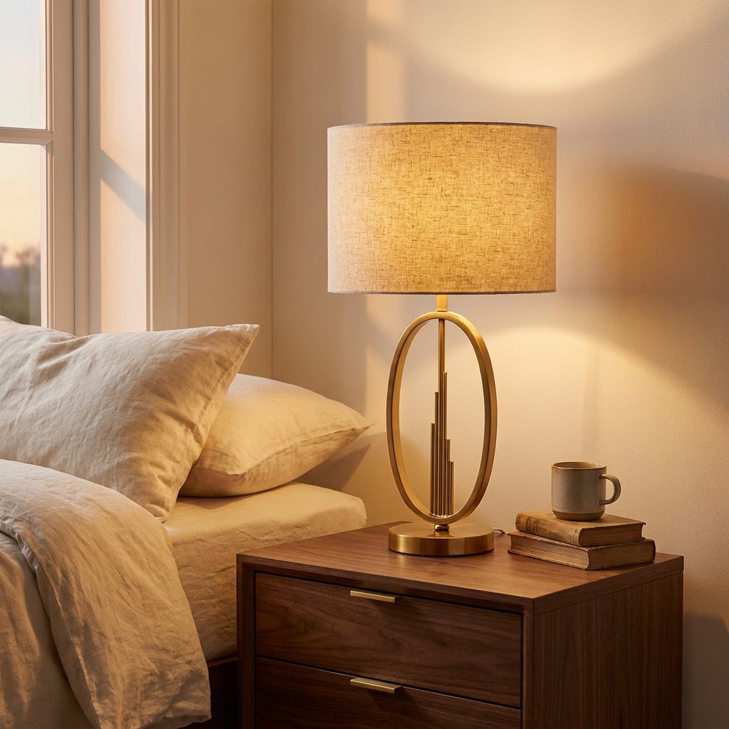 Art Deco Brass Hoop Table Lamp, White Shade with Gold Edge styled in a warm modern interior