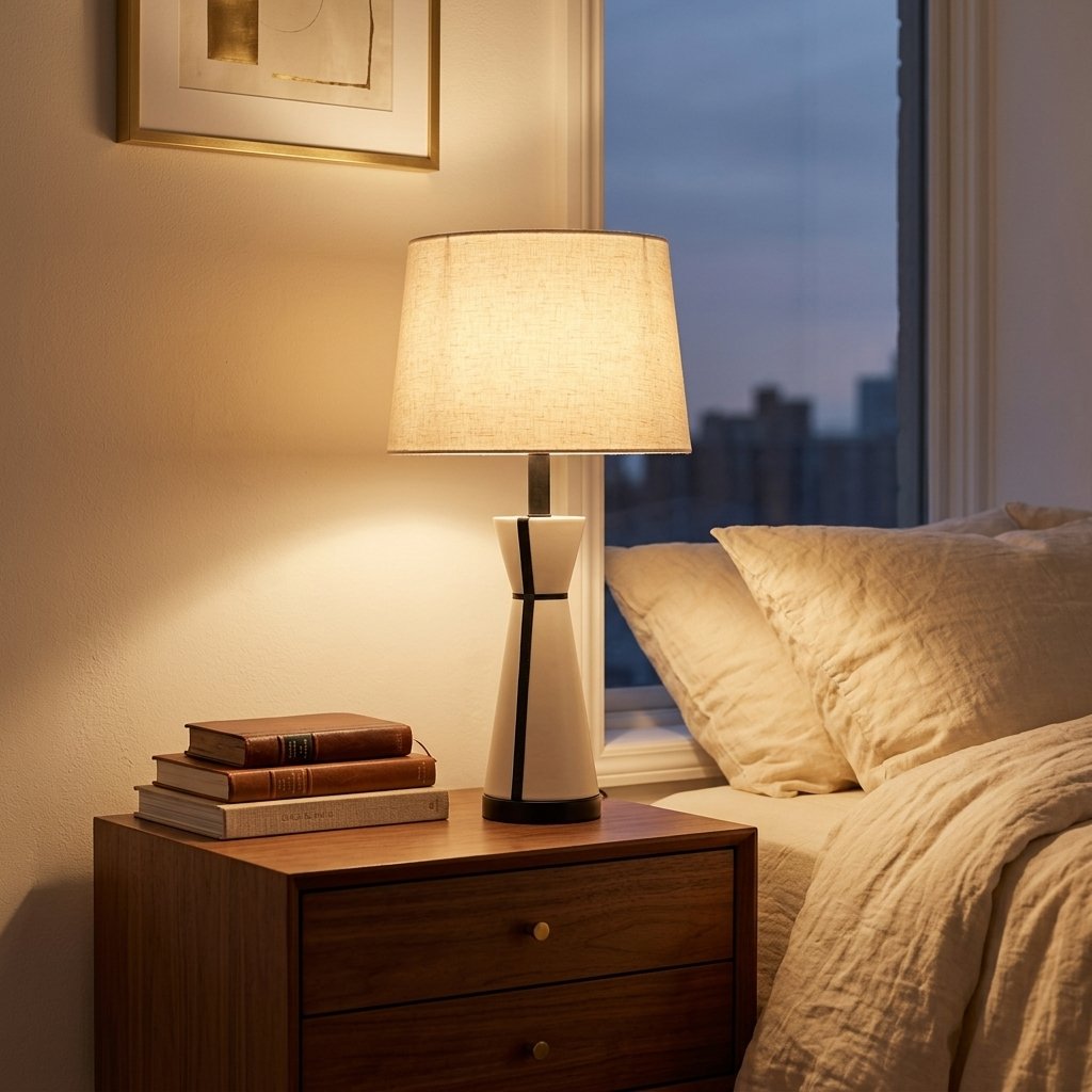 Leather-Wrapped Table Lamp, Cream with Black Piping, 25 Inch styled in a warm modern interior