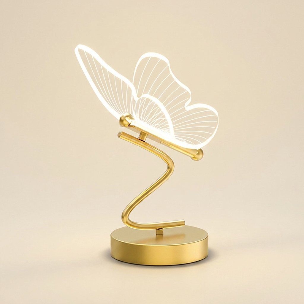 Acrylic Butterfly LED Table Lamp, Gold Base, 16 Inch on a warm cream background