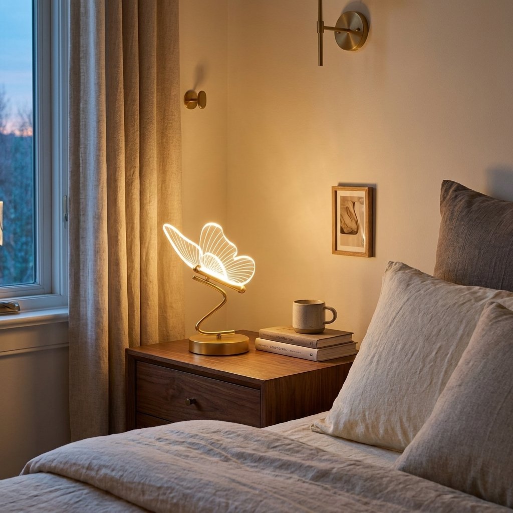 Acrylic Butterfly LED Table Lamp, Gold Base, 16 Inch styled in a warm modern interior