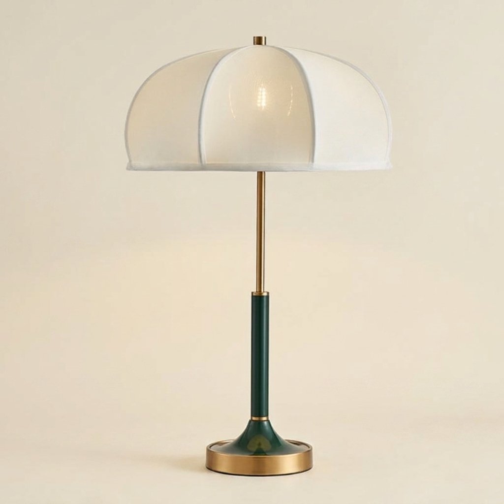 Retro Umbrella Shade Table Lamp, Green Stem and Brass, 24 Inch on a warm cream background