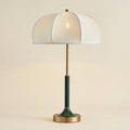 Retro Umbrella Shade Table Lamp, Green Stem and Brass, 24 Inch on a warm cream background