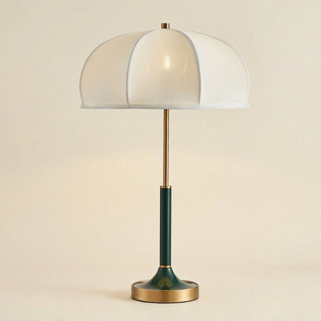 Retro Umbrella Shade Table Lamp, Green Stem and Brass, 24 Inch on a warm cream background