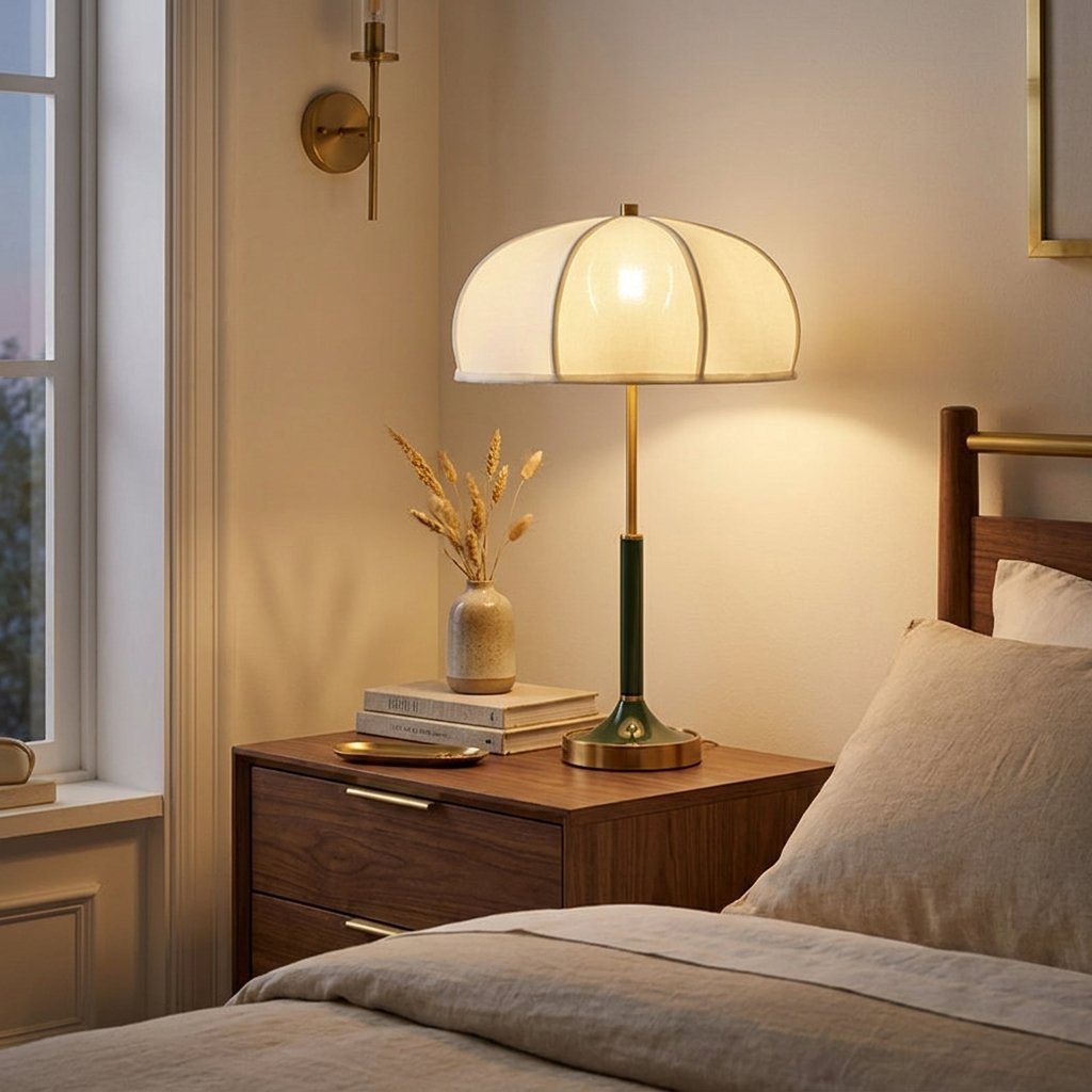 Retro Umbrella Shade Table Lamp, Green Stem and Brass, 24 Inch styled in a warm modern interior