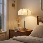 Retro Umbrella Shade Table Lamp, Green Stem and Brass, 24 Inch styled in a warm modern interior