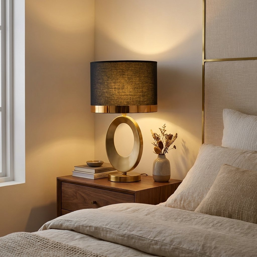 Gold Oval Ring Table Lamp, Black Linen Drum Shade, 20 Inch styled in a warm modern interior